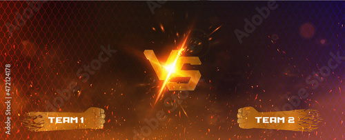 Dark Versus Battle Banner in concept fighting. MMA, fight night, boxing, Thai boxing, bare fist fighting. Versus poster with metal pink letters VS, name plates for fighters or teams, rabitz. Vector