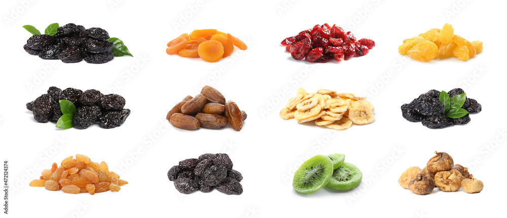 Set with different tasty dried fruits on white background. Banner design Set with different tasty dried fruits on white background. Banner design