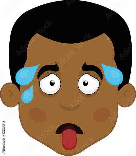 Vector illustration of the face of an African man with an exhausted expression with his tongue sticking out and drops of perspiration