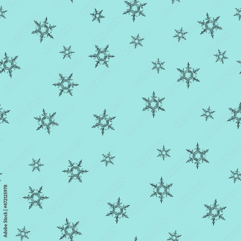 Microscope snowflakes on mint seamless pattern Microscope snowflakes on mint seamless pattern