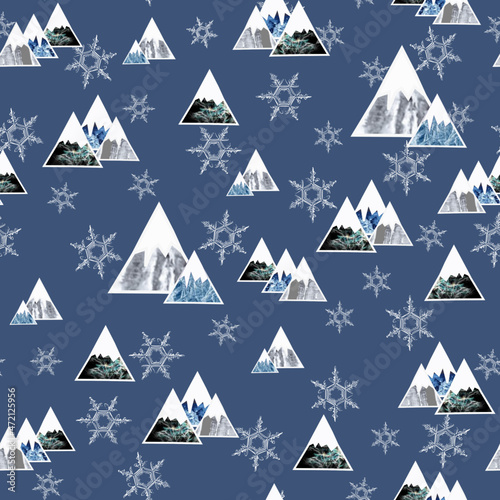 Icey snowy mountains on blue seamless pattern