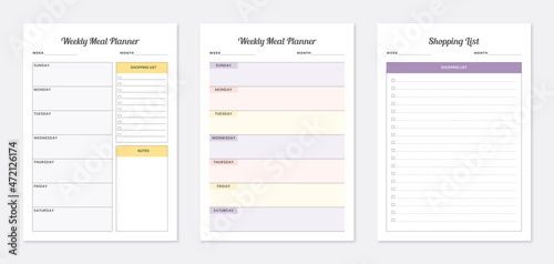 Weekly meal planner. 3 set of weekly meal planners. weekly meal planner pages design collection set of template. photo