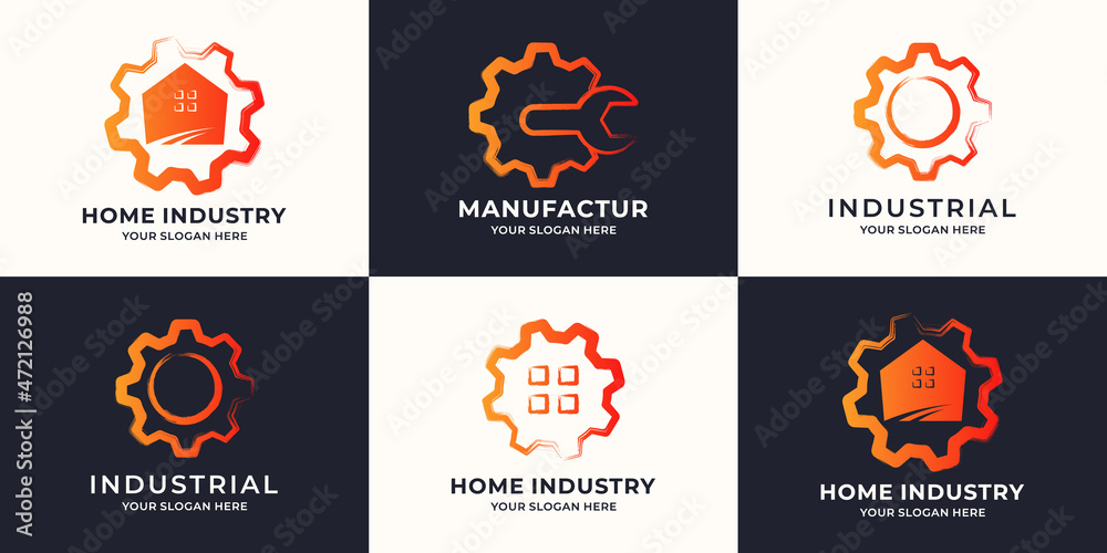 house wrench gear combined with brush stroke logo concept, industry reparation inspiration logo