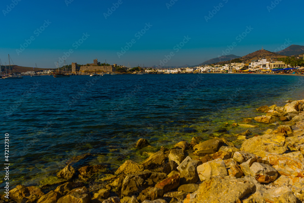 BODRUM, TURKEY: Landscape with a view of the Castle of St. Petra in Bodrum on a sunny day