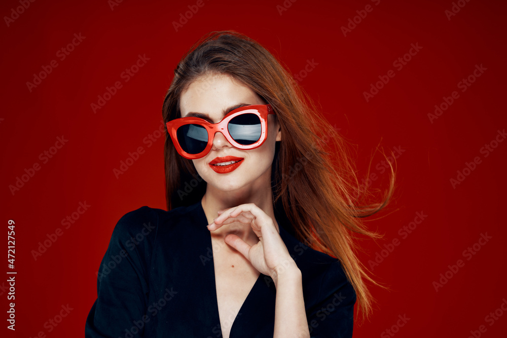 glamorous woman wearing sunglasses red lips posing close-up glamorous woman wearing sunglasses red lips posing close-up