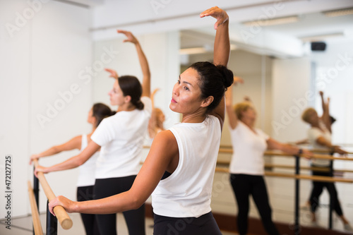 Group of women engaged in classical ballet in a dance studio perfoms a choreographic exercise that promotes proper ..coordination of movements