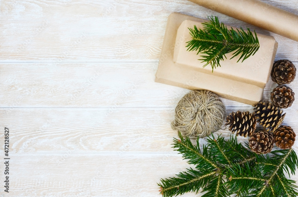 eco friendly merry christmas gift in craft paper wrapping, zero waste reusable concept, natural decor and sustainable lifestyle no people eco friendly merry christmas gift in craft paper wrapping, zero waste reusable concept, natural decor and sustainable lifestyle no people