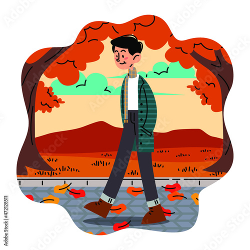 Man walking on a sidewalk full of fallen leaves