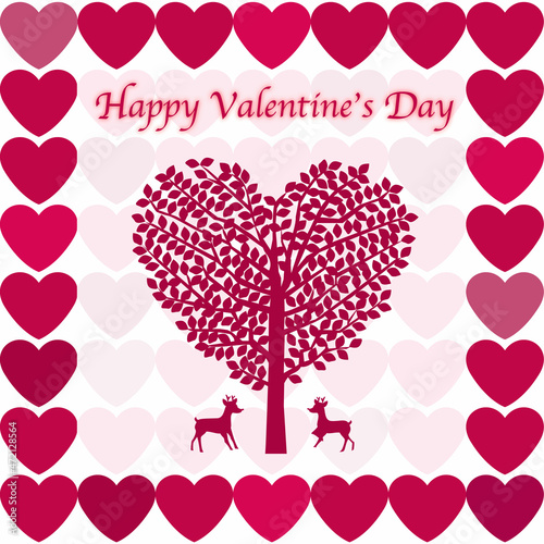 バレンタインデー、ハートの木と鹿のイラスト