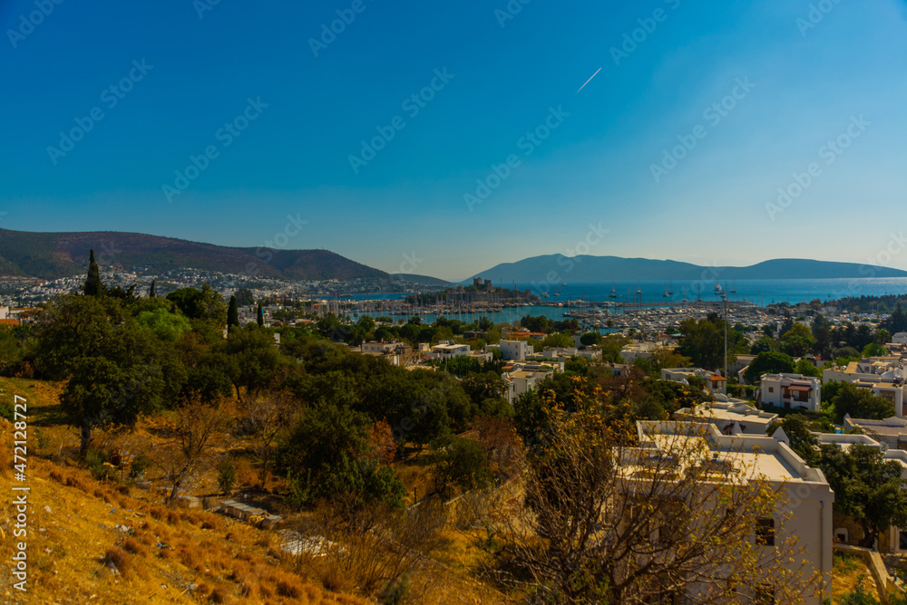 BODRUM, TURKEY: Panoramic view of Bodrum coastline with harbor and ancient fortress.