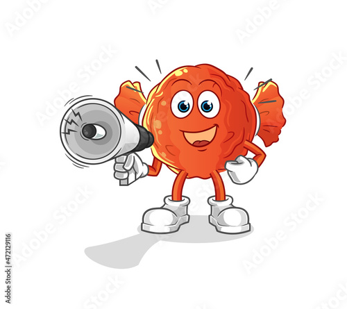 wrapped candy holding hand loudspeakers vector. cartoon character