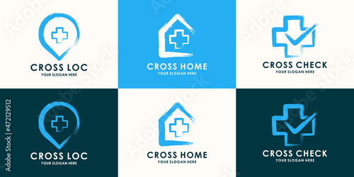 cross medical house location combined brush stroke concept for health pharmacy inspiration logo