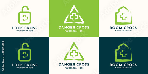 medical cross padlock house combined brush stroke concept for health pharmacy inspiration logo
