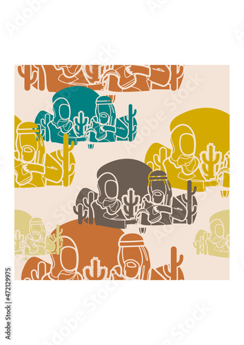 Editable Arab Man Pouring Coffee From Dallah Pot into Finjan Cup for His Wife Vector Illustration as Seamless Pattern for Creating Background of Islamic Moments or Arabian Culture Cafe Related Design