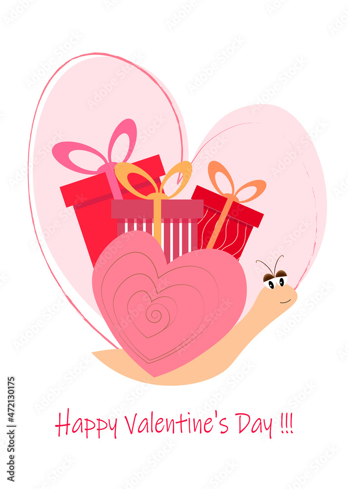 Snail with gifts card template for Valentines Day. Vector illustration. For postcards, invitations, congratulations, decoration and decoration, scrapbooking, packaging. Snail with gifts card template for Valentines Day. Vector illustration. For postcards, invitations, congratulations, decoration and decoration, scrapbooking, packaging.