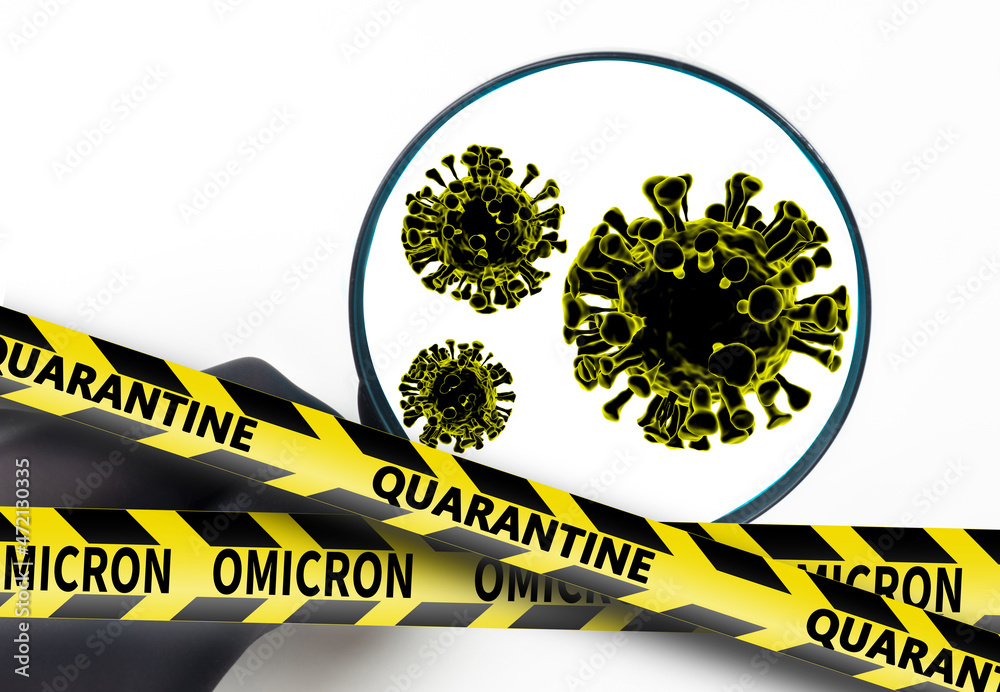 Omicron coronavirus variant. Omicron Covid-19 variant Coronavirus. Mutated coronavirus SARS-CoV-2. Quarantine because of COVID. Mutated virus from South Africa. Virus molecules and Omicron label.