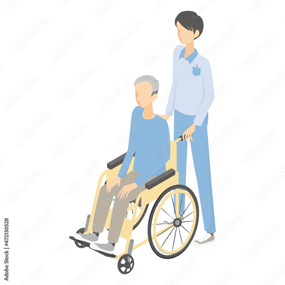 若い男性職員と車椅子に乗るシニア男性のアイソメ