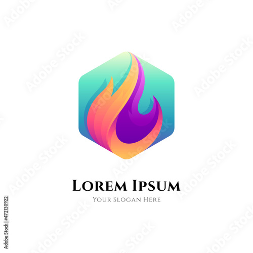 Fire gradient logo on hexagon background ready for template