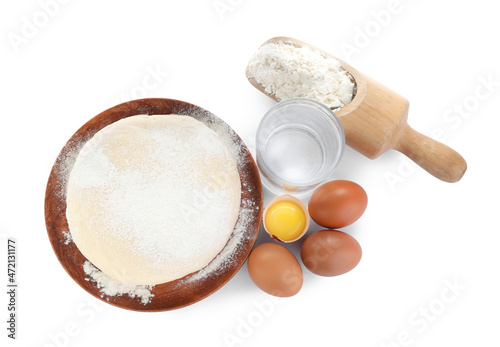 Dough and ingredients on white background, top view. Sodawater bread recipe photo