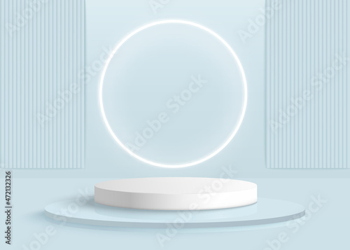 Background vector 3d blue rendering with podium and minimal blue wall scene, minimal abstract background 3d rendering abstract geometric shape blue pastel color. Stage for awards on website in modern