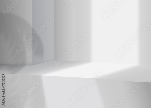 3d gray stage background product display podium scene with leaf platform. grey background vector 3d render with podium. stand to show cosmetic product. 3d Stage showcase on display white background
