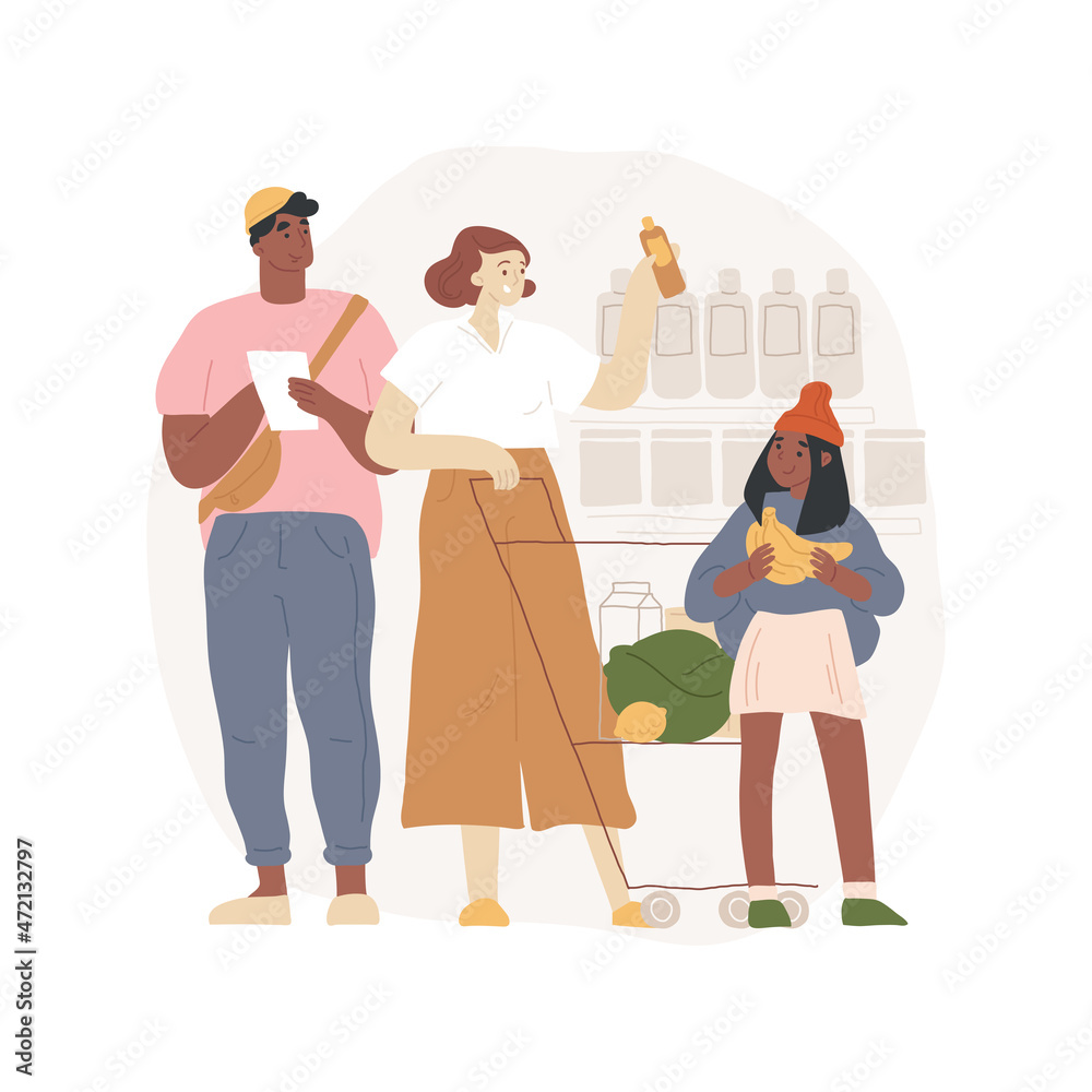 Naklejka premium Picking goods isolated cartoon vector illustration. Kid sitting in a cart, reaching out for goods, family lifestyle, picking grocery, shopping with children, help mom choosing cartoon vector.