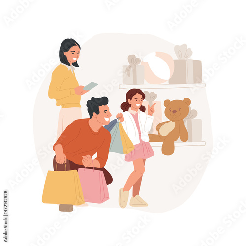 Shopping wish list isolated cartoon vector illustration. Happy child pointing at a toy in a shop window, mom holding a paper with wish list, family shopping time, buying gifts cartoon vector.