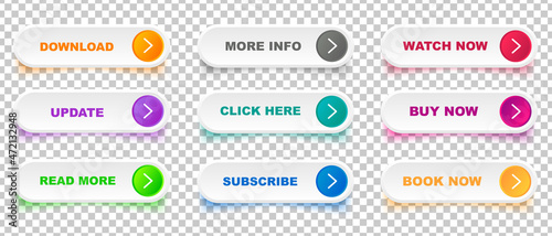 Set of modern buttons read more, more info, buy now and more for web site and ui. Vector icon.