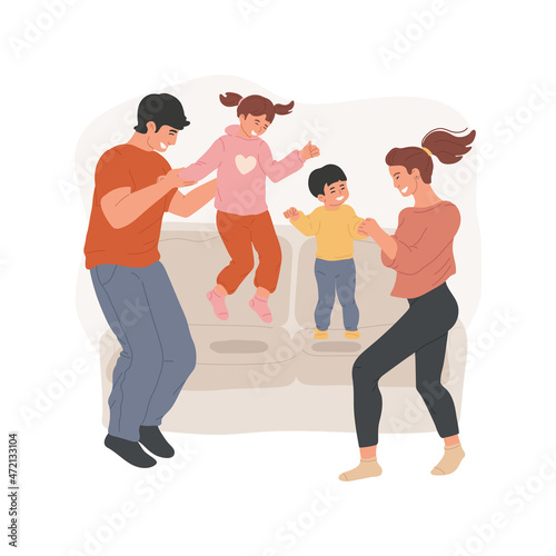Family fun isolated cartoon vector illustration. Family having fun at home, children jumping on the sofa in the living room, happy moment, spending leisure time together indoor cartoon vector.