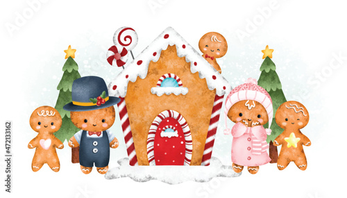 Gingerbread family with gingerbread house