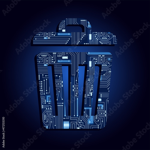 Trash can with electronic circuit. Blue and gradient background. Symbol of technological and modern waste management.