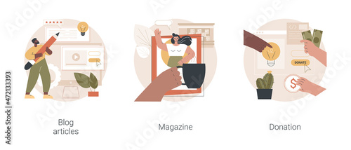 Website tabs abstract concept vector illustration set. Blog articles, online magazine, donation and crowdfunding, latest news, web page design, company online landing page abstract metaphor.
