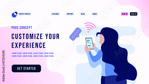 Vector illustration flat design beautiful woman concept interacting with smartphone screen and social media, likes & comments