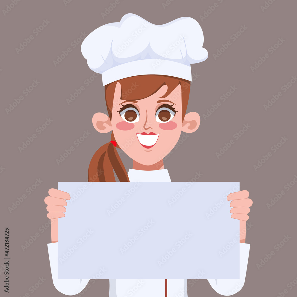Beautiful chef holding a placard to presenting character. Beautiful chef holding a placard to presenting character.