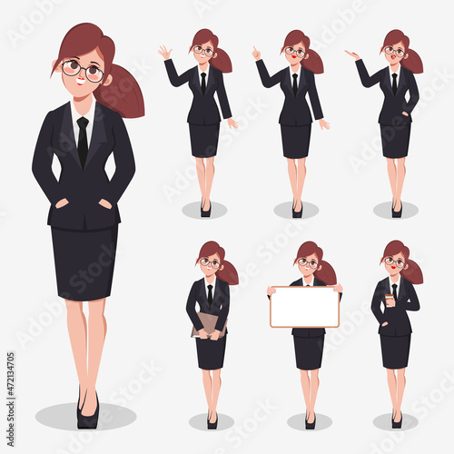 Set of business woman character difference pose. Flat cartoon illustration vector design.