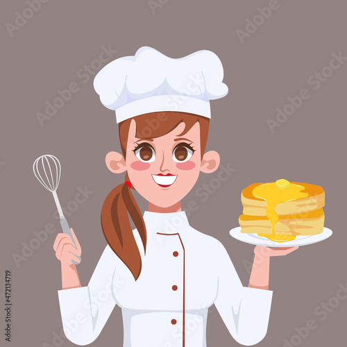 Happy beautiful woman chef baking Egg Cake cartoon art illustration.