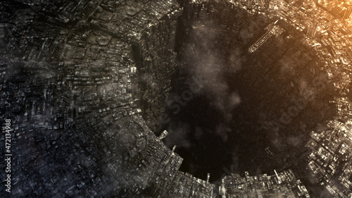 An aerial view of futuristic mega space city urban metropolis advance civilization architecture depiction the dystopian virtual landscape of future city life