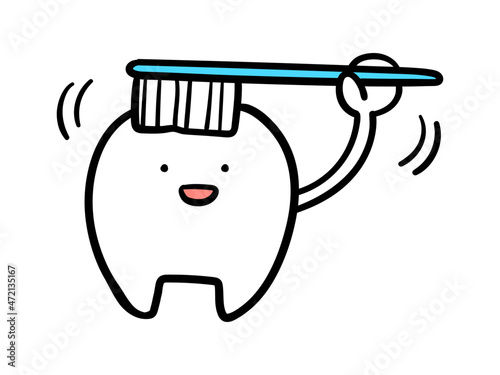 歯ブラシで歯磨きをするかわいい歯のキャラクターの手書き風イラスト
