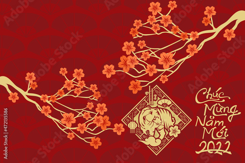 Translation: Happy New Year, 2022. Happy Vietnamese New Year Tet  or Tết Day 2022 year of the Tiger vector illustration. Suitable for greeting card, poster and banner. 