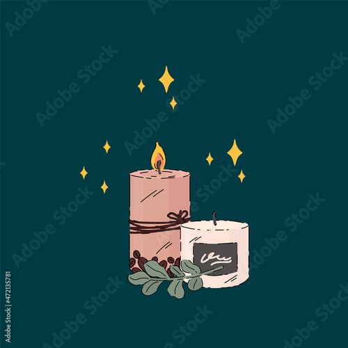 Aroma candle for self-care. Jar with candle aromatic spa treatments. Candle illustration for poster design. Vector illustration
