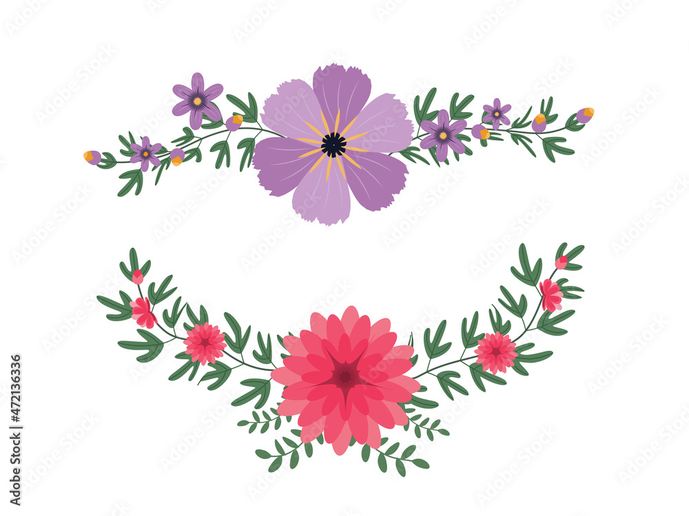 colorful flower and leaf on white background. Spring foliage set for floral decor. vector illustrator colorful flower and leaf on white background. Spring foliage set for floral decor. vector illustrator