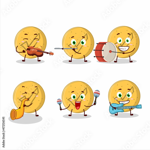 Cartoon character of dalgona candy agree playing some musical instruments