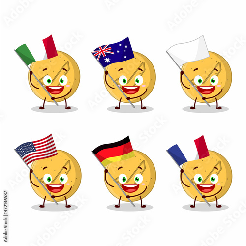 Dalgona candy agree cartoon character bring the flags of various countries