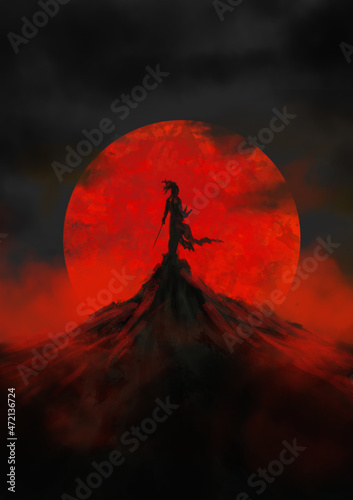 Fotótapéta A lone ninja stands on a mountain at night, against the backdrop of a red moon