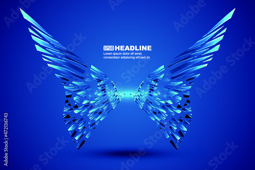 Blue fragments form abstract vector shapes of butterfly shapes or wings