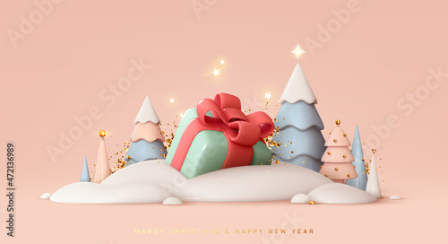Merry Christmas and Happy New Year festive 3d composition with realistic Christmas trees, gifts box in snow drift, golden confetti. Xmas background winter nature, Holiday design. Vector illustration