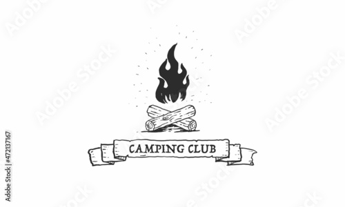 Camp logo with campfire. Stay wild and free. Vector illustration.