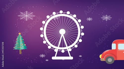 Christmas objects with a red car and beautiful tree on abstract background