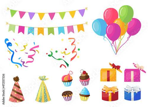 Birthday party elements vector set. Birth day flat objects like colorful balloons  pennants and gifts isolated in white background for surprise decoration elements. Vector illustration. 