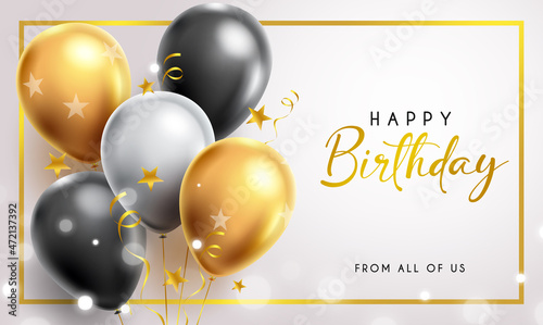 Birthday balloons vector design. Happy birthday greeting text with elegant gold and black balloon in golden frame for birth day celebration messages card design. Vector illustration
